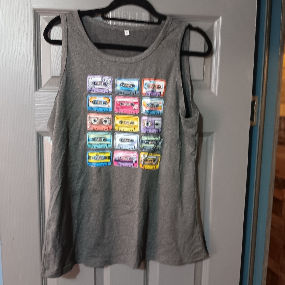 Gray Women Tank Top with Colorful Cassette Graphic